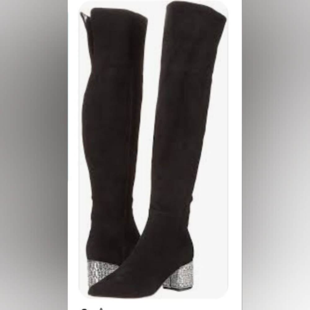 Betsey Johnson Lenor Over The Knee Boot Black Faux Suede Block 2.5" Heel Crystal
